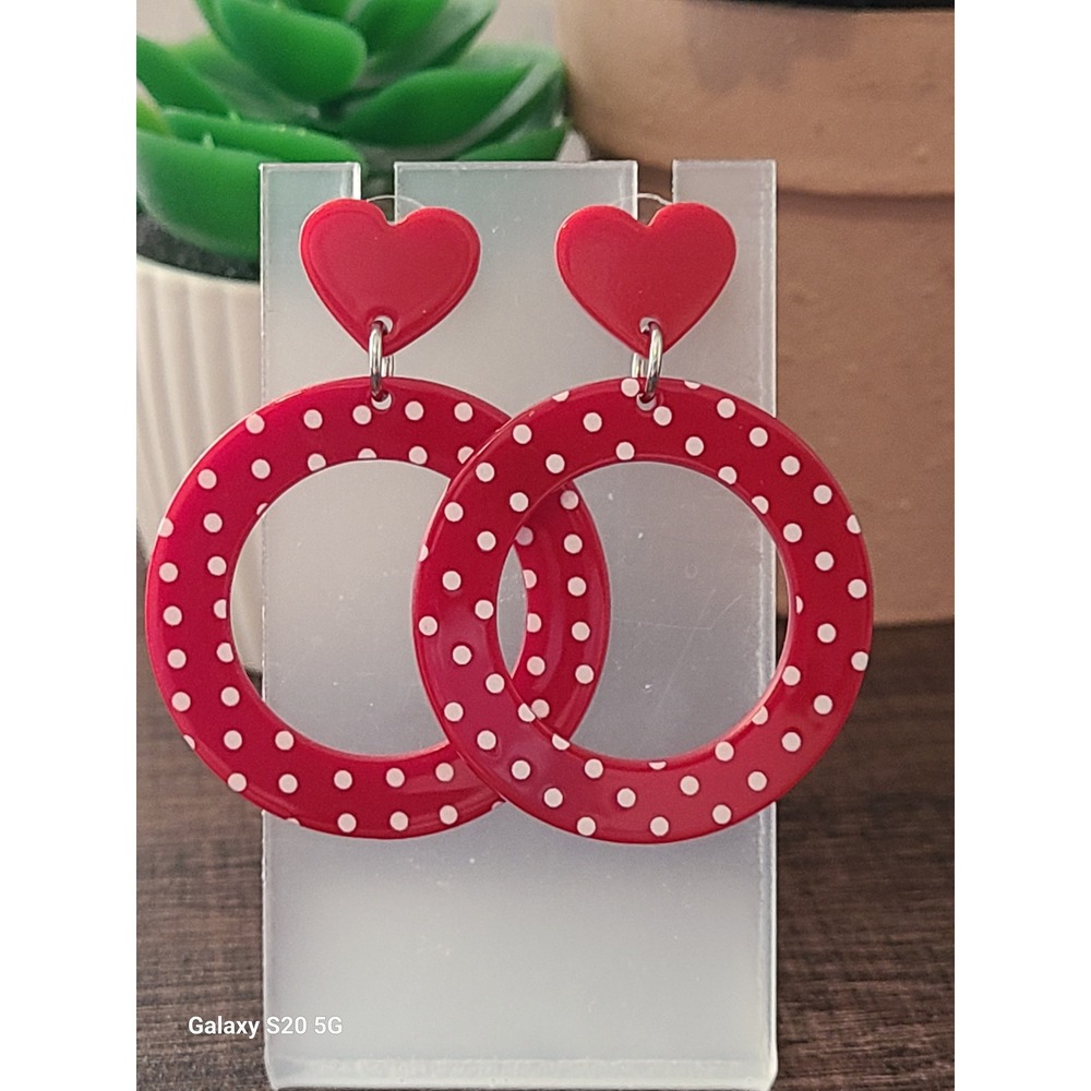 Red‎ White Polka Dot Stud Earrings Heart Top Dangle Fun Statement 2 inches NEW